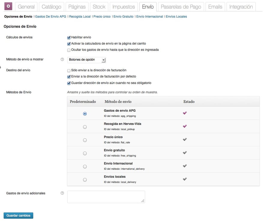wooCommerce opciones de envio